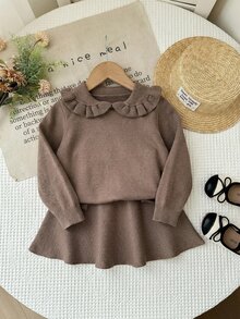 SHEIN LMoss Kids Baby Girl Casual Comfortable Collared Ruffle Hem Sweater & Autumn Winter Skirt Set - Brown - View 1