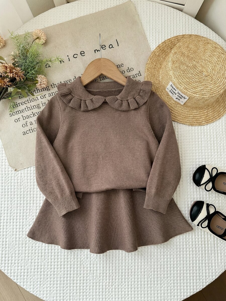 SHEIN LMoss Kids Baby Girl Casual Comfortable Collared Ruffle Hem Sweater & Autumn Winter Skirt Set - Brown - View 1