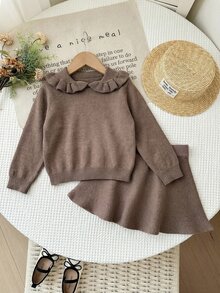SHEIN LMoss Kids Baby Girl Casual Comfortable Collared Ruffle Hem Sweater & Autumn Winter Skirt Set - Brown - View 6