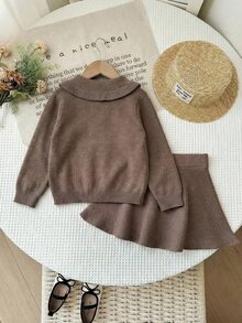 SHEIN LMoss Kids Baby Girl Casual Comfortable Collared Ruffle Hem Sweater & Autumn Winter Skirt Set - Brown - View 2