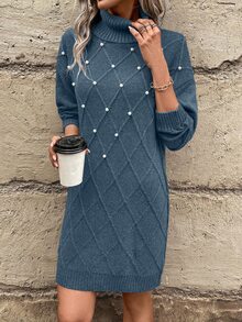 SHEIN LUNE Casual Women's Drop Shoulder Faux Pearl Decorated Sweater Dress Fall Winter Cloth For Women - Dusty Blue - View 5