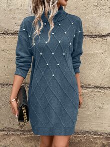 SHEIN LUNE Casual Women's Drop Shoulder Faux Pearl Decorated Sweater Dress Fall Winter Cloth For Women - Dusty Blue - View 3