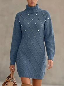 SHEIN LUNE Casual Women's Drop Shoulder Faux Pearl Decorated Sweater Dress Fall Winter Cloth For Women - Dusty Blue - View 1