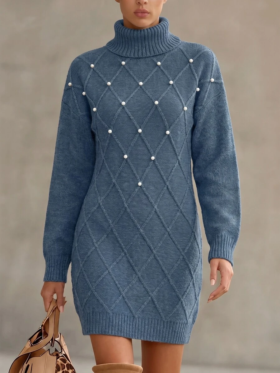 SHEIN LUNE Casual Women's Drop Shoulder Faux Pearl Decorated Sweater Dress Fall Winter Cloth For Women - Dusty Blue - View 1