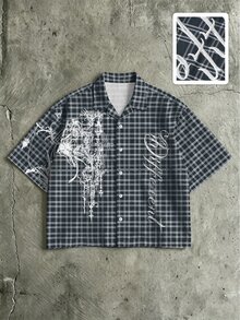 ROMWE MEN Prep Men's Lapel Short Sleeve Printed Plaid Casual Shirt - Multicolor - View 1