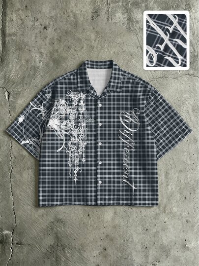 Prep Men's Lapel Short Sleeve Printed Plaid Casual Shirt