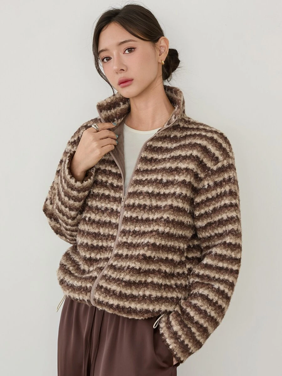 Dazy-Less Autumn/Winter Coffee Brown Lapel Zipper Long Sleeve Slim Fit Pocket Decor Short Casual Women's Regular Jacket - Coffee Brown - View 1