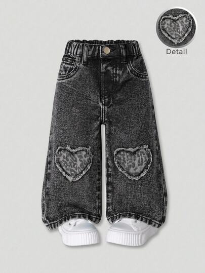 Baby Girl Denim Jeans, All-Season, Soft, Cotton, Casual, Fashionable, Versatile, Comfortable, Minimalist, Elastic Waist, Classic Five-Pocket Style, Front Leopard Print Heart Patch Embroidery Design, Loose Straight Leg Fit, Light Gray Washed Denim Jeans Suitable For Daily Wear And Vacation