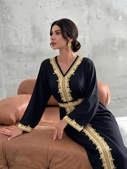 Al Najma Gold Lace Waist Belt V-Neck Long Sleeve Elegant Arabic Abaya