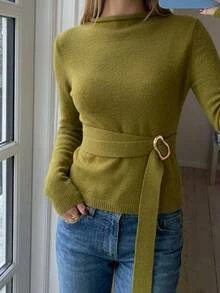 Aloruh Women's Elegant Stand Collar Olive Green Long Sleeve Waist Tie And Button Fitted Sweater,Women Fall Winter Sweater,Elegant Women's Top,Basic Tops - Olive Green - View 3