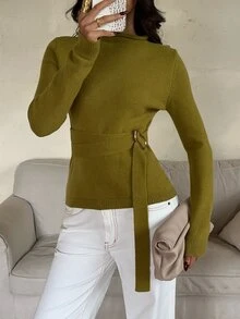 Aloruh Women's Elegant Stand Collar Olive Green Long Sleeve Waist Tie And Button Fitted Sweater,Women Fall Winter Sweater,Elegant Women's Top,Basic Tops - Olive Green - View 5