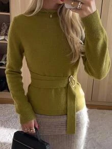 Aloruh Women's Elegant Stand Collar Olive Green Long Sleeve Waist Tie And Button Fitted Sweater,Women Fall Winter Sweater,Elegant Women's Top,Basic Tops - Olive Green - View 2