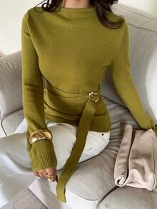 Aloruh Women's Elegant Stand Collar Olive Green Long Sleeve Waist Tie And Button Fitted Sweater,Women Fall Winter Sweater,Elegant Women's Top,Basic Tops - Olive Green - View 4