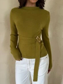 Aloruh Women's Elegant Stand Collar Olive Green Long Sleeve Waist Tie And Button Fitted Sweater,Women Fall Winter Sweater,Elegant Women's Top,Basic Tops - Olive Green - View 6
