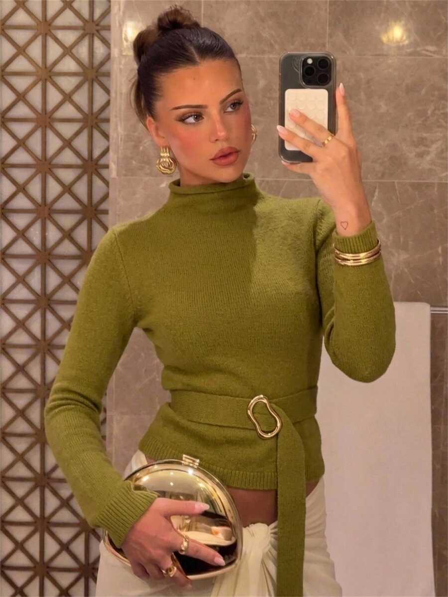 Aloruh Women's Elegant Stand Collar Olive Green Long Sleeve Waist Tie And Button Fitted Sweater,Women Fall Winter Sweater,Elegant Women's Top,Basic Tops - Olive Green - View 1
