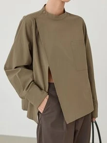 Dazy-Less Women's Army Green Collared Button-Down Long Sleeve Loose Casual Commuter Versatile Elegant Shirt, Autumn/Winter - Army Green - View 3