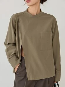 Dazy-Less Women's Army Green Collared Button-Down Long Sleeve Loose Casual Commuter Versatile Elegant Shirt, Autumn/Winter - Army Green - View 6