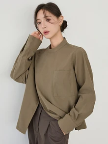 Dazy-Less Women's Army Green Collared Button-Down Long Sleeve Loose Casual Commuter Versatile Elegant Shirt, Autumn/Winter - Army Green - View 5