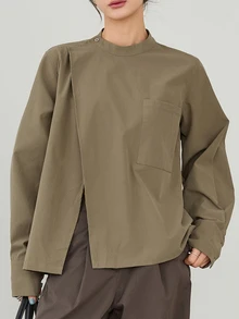 Dazy-Less Women's Army Green Collared Button-Down Long Sleeve Loose Casual Commuter Versatile Elegant Shirt, Autumn/Winter - Army Green - View 4