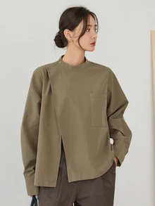 Dazy-Less Women's Army Green Collared Button-Down Long Sleeve Loose Casual Commuter Versatile Elegant Shirt, Autumn/Winter - Army Green - View 1