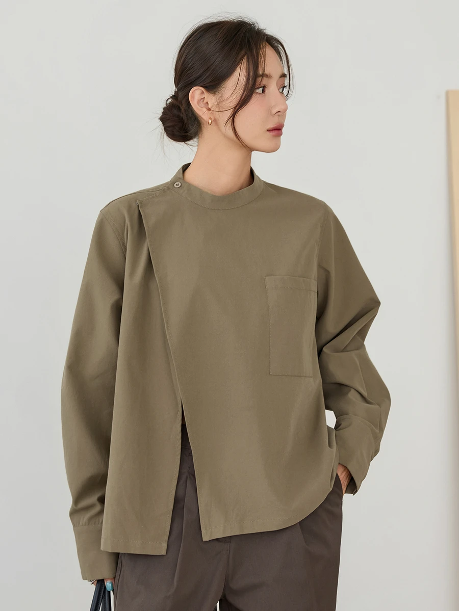 Dazy-Less Women's Army Green Collared Button-Down Long Sleeve Loose Casual Commuter Versatile Elegant Shirt, Autumn/Winter - Army Green - View 1