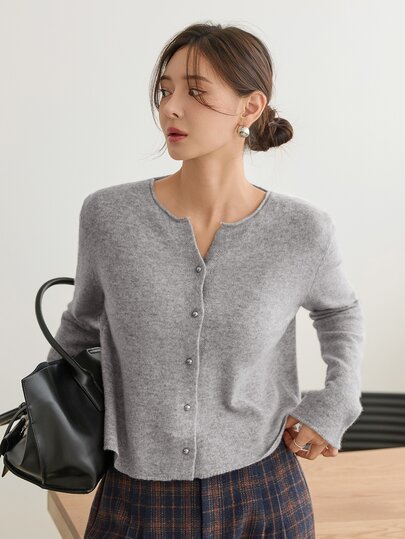 Dazy-Less Cárdigan de mujer gris con cuello redondo, botones, punto de cable, manga larga, ajuste ceñido y acanalado, otoño/invierno