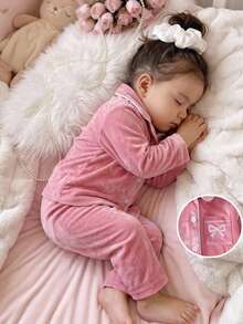 Baby Girl Bow Embroidery Contrast Piping Flannel PJ Set Autumn Winter - Pink - View 1