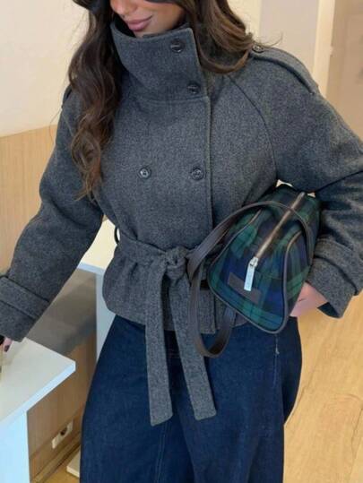 Aloruh Women's Elegant High Neck Fitted Cropped Solid Dark Grey Overcoat,Women Winter Coat,Winter Winter Outwear,Cozy,Winter Outfit For Women, Winter Jacket