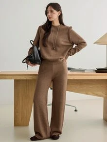 Dazy-Less Women's 2pcs Set: Winter Coffee Brown Crew Neck Long Sleeve Knit Sweater & High Waist Slim Fit Ribbed Knit Pants - Coffee Brown - View 4