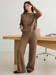 Dazy-Less Women's 2pcs Set: Winter Coffee Brown Crew Neck Long Sleeve Knit Sweater & High Waist Slim Fit Ribbed Knit Pants - Coffee Brown - View 5