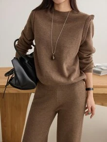 Dazy-Less Women's 2pcs Set: Winter Coffee Brown Crew Neck Long Sleeve Knit Sweater & High Waist Slim Fit Ribbed Knit Pants - Coffee Brown - View 3