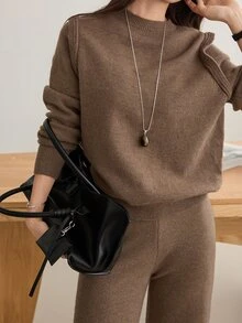 Dazy-Less Women's 2pcs Set: Winter Coffee Brown Crew Neck Long Sleeve Knit Sweater & High Waist Slim Fit Ribbed Knit Pants - Coffee Brown - View 6