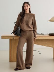 Dazy-Less Women's 2pcs Set: Winter Coffee Brown Crew Neck Long Sleeve Knit Sweater & High Waist Slim Fit Ribbed Knit Pants - Coffee Brown - View 1