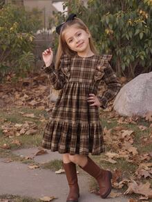 SHEIN Kids Teen Girl Plaid Print Ruffle Trim Flounce Sleeve Smock Dress - Coffee - View 7