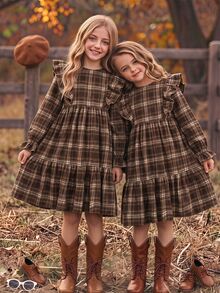 SHEIN Kids Teen Girl Plaid Print Ruffle Trim Flounce Sleeve Smock Dress - Coffee - View 2