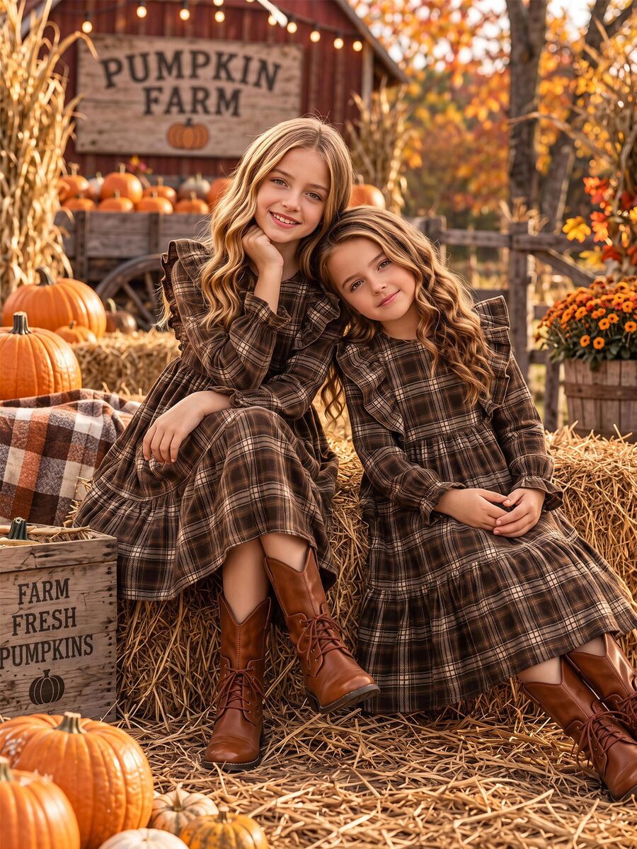 SHEIN Kids Teen Girl Plaid Print Ruffle Trim Flounce Sleeve Smock Dress - Coffee - View 1