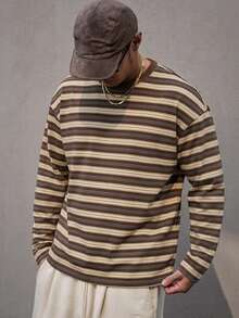 DAZY Men's Striped Crew Neck Long Sleeve T-Shirt, Multi-Color Graphic Tee Summer - Brown - View 3