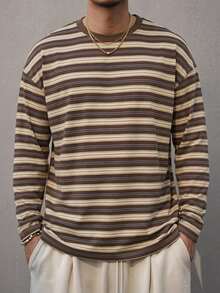 DAZY Men's Striped Crew Neck Long Sleeve T-Shirt, Multi-Color Graphic Tee Summer - Brown - View 5
