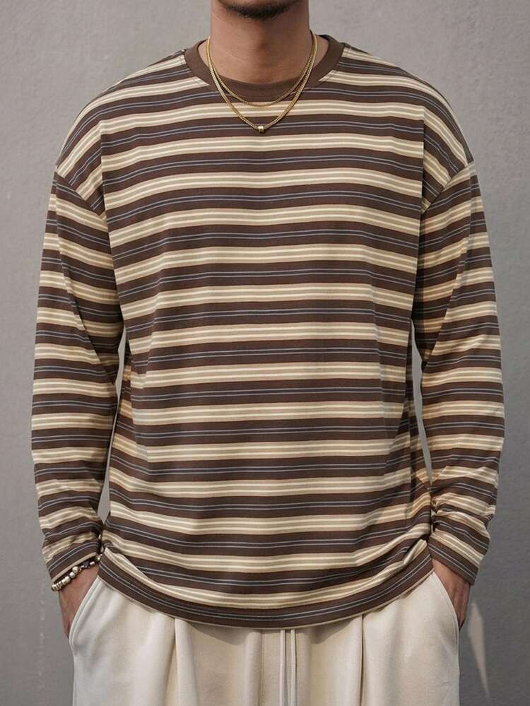 DAZY Men's Striped Crew Neck Long Sleeve T-Shirt, Multi-Color Graphic Tee Summer - Brown - View 5