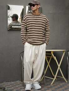 DAZY Men's Striped Crew Neck Long Sleeve T-Shirt, Multi-Color Graphic Tee Summer - Brown - View 4