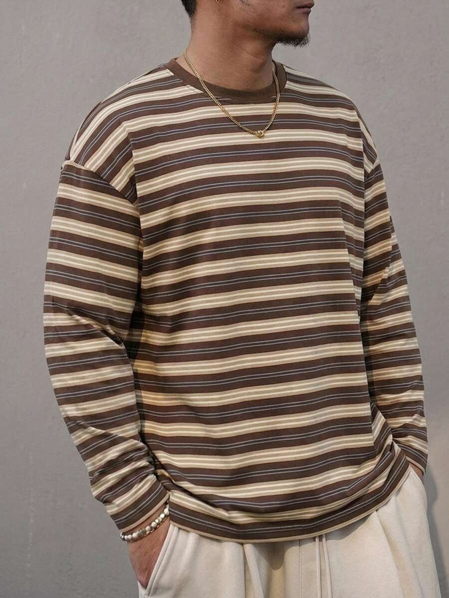 DAZY Men's Striped Crew Neck Long Sleeve T-Shirt, Multi-Color Graphic Tee Summer - Brown - View 1