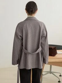 Dazy-Less Women's Winter Brown Lapel Button Long Sleeve Thick Wool Blend Fabric Waist-Cinching Mid-Length Coat - Brown - View 2