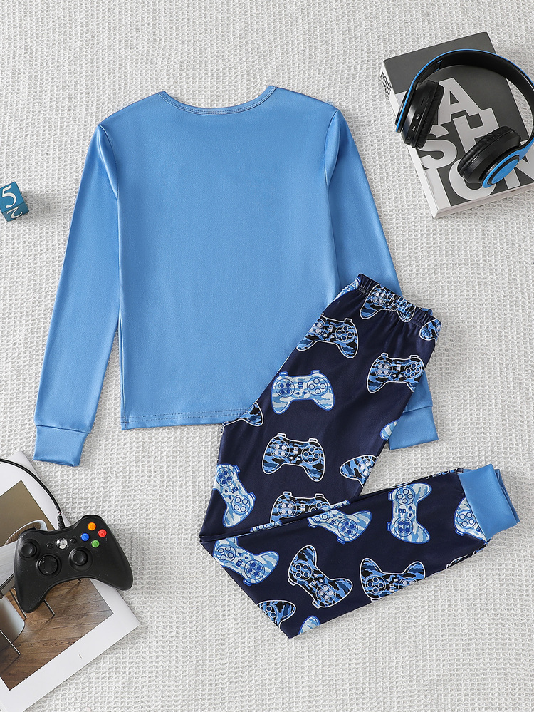 SHEIN Snug Fit Pajama Set For Boys, Slim Fit Long Sleeve Top And Pants, Cute Cool Game Console English Graphic Print, Comfortable Fabric, Suitable For Boys' Home Daily Wear And Sleepwear - Blue and White - View 2