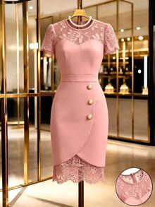 Selianne Spring/Summer New Elegant Fitted Contrast Lace Sheer Heart Neck Low-Cut Waist Bodycon Mini Dress For Women Party Dusty Pink - Pink - View 7