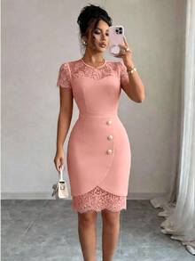 Selianne Spring/Summer New Elegant Fitted Contrast Lace Sheer Heart Neck Low-Cut Waist Bodycon Mini Dress For Women Party Dusty Pink - Pink - View 5