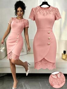 Selianne Spring/Summer New Elegant Fitted Contrast Lace Sheer Heart Neck Low-Cut Waist Bodycon Mini Dress For Women Party Dusty Pink - Pink - View 3