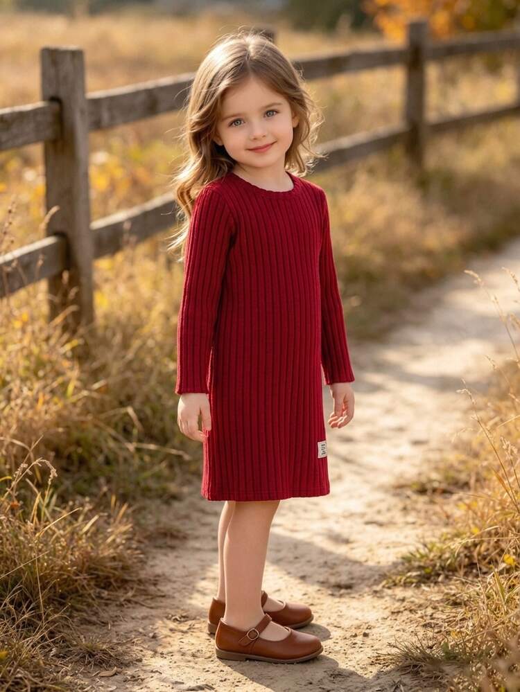 SHEIN Vintaside Kids Young Girl) Red Casual Textured Dress Suitable For Party And Outdoor Occasions Autumn/Winter Wear - Multicolor - View 7