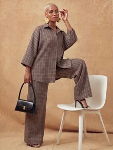 Lunelith SHEIN Lunessa Women's Loose Plaid Casual 2 Pieces Set Office Brown Fall - Multicolor - View 4