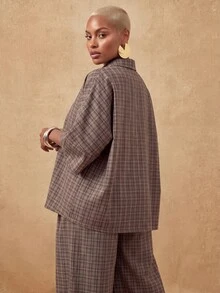 Lunelith SHEIN Lunessa Women's Loose Plaid Casual 2 Pieces Set Office Brown Fall - Multicolor - View 2