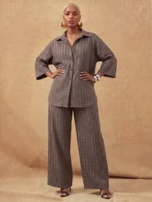 Lunelith SHEIN Lunessa Women's Loose Plaid Casual 2 Pieces Set Office Brown Fall - Multicolor - View 5